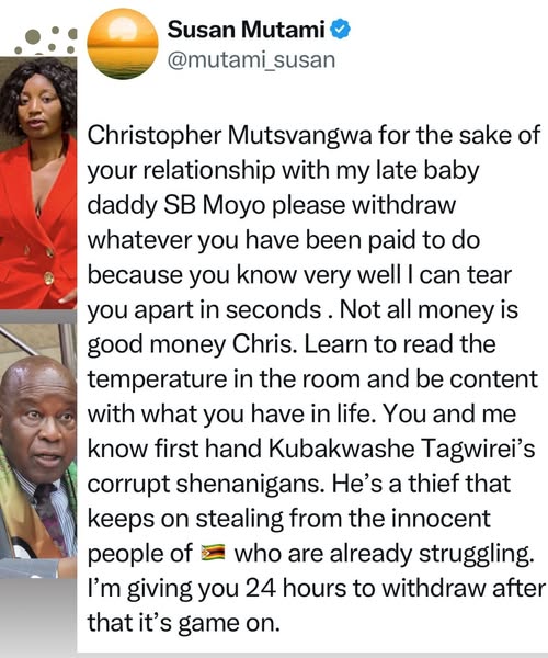 Susan Mutami Issues Stern Warning to Christopher Mutsvangwa, Gives Him 24HRS to Withdraw Before She Shows the Nation ‘Where They Buried The  Bodies’