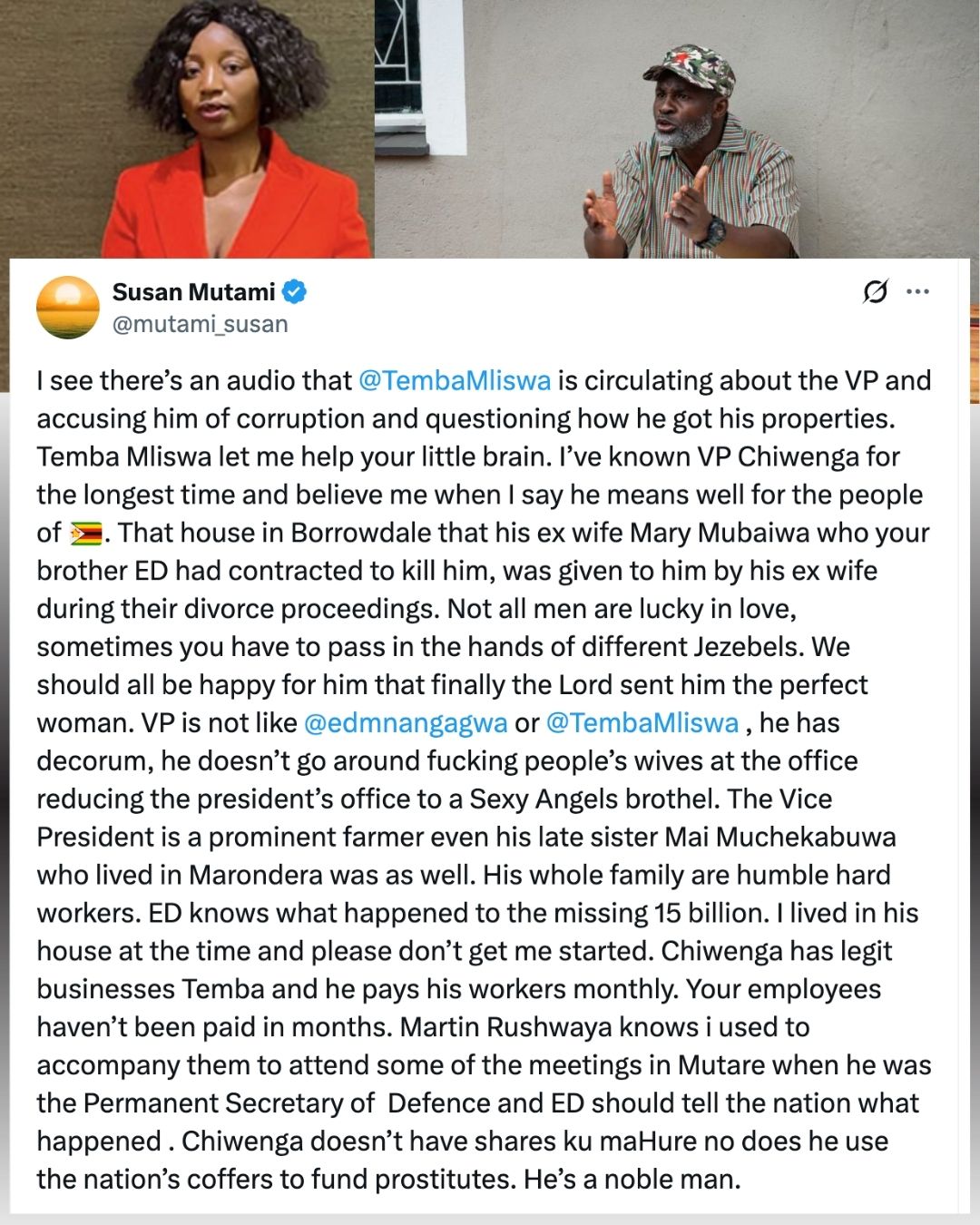 Temba Mliswa’s Baby Mama Defends VP Chiwenga, Tosses Mud at Mliswa and Mnangagwa